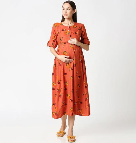 Orange Floral Printed Maternity Empire Midi Dress